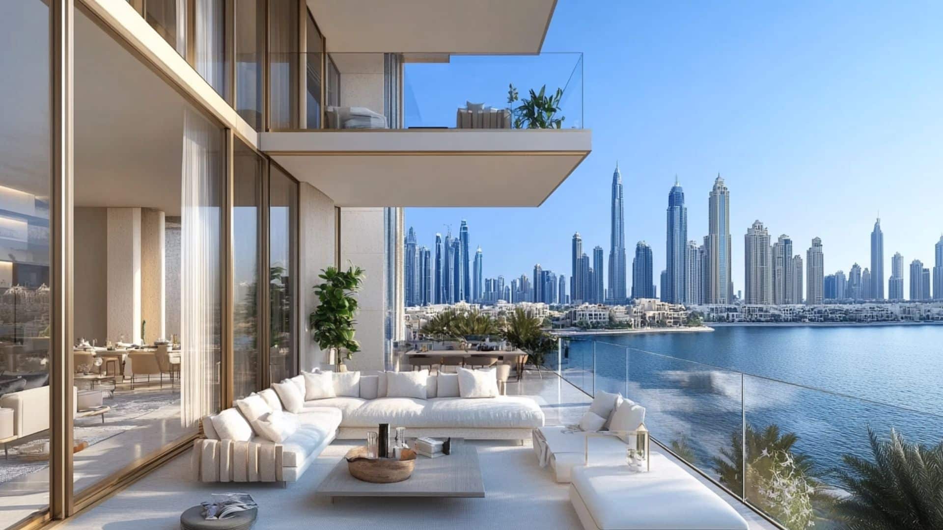 Luxury waterfront penthouse in Dubai with spacious terrace, modern seating, and panoramic skyline views