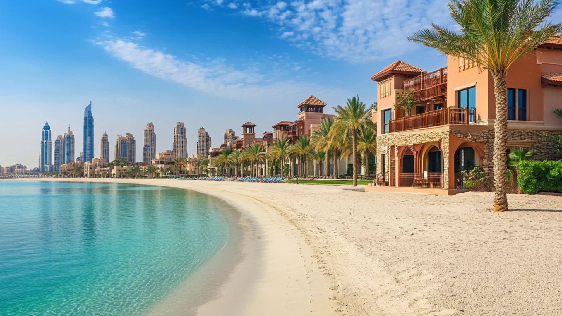 Luxury beachfront villa on Palm Jumeirah with private sandy beach, turquoise waters, and Dubai Marina skyline in the background