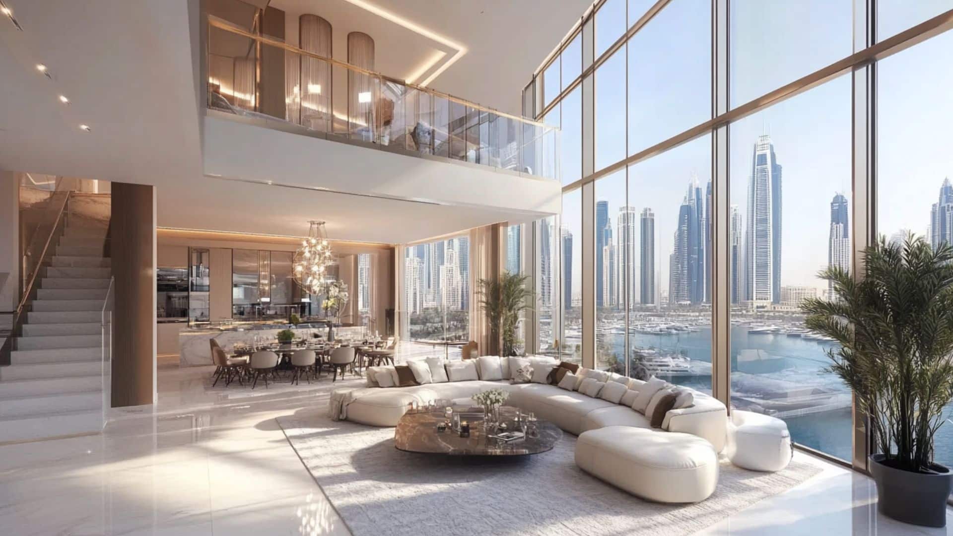 Ultra-luxury Omniyat duplex in Dubai with floor-to-ceiling windows, marina views, modern interior, and spacious open-plan living