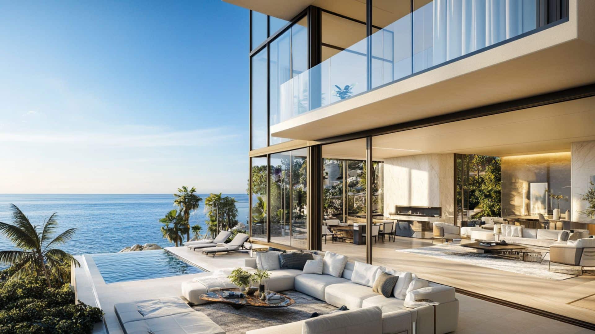 Luxury beachfront villa with infinity pool, modern outdoor lounge, and panoramic ocean views surrounded by palm trees