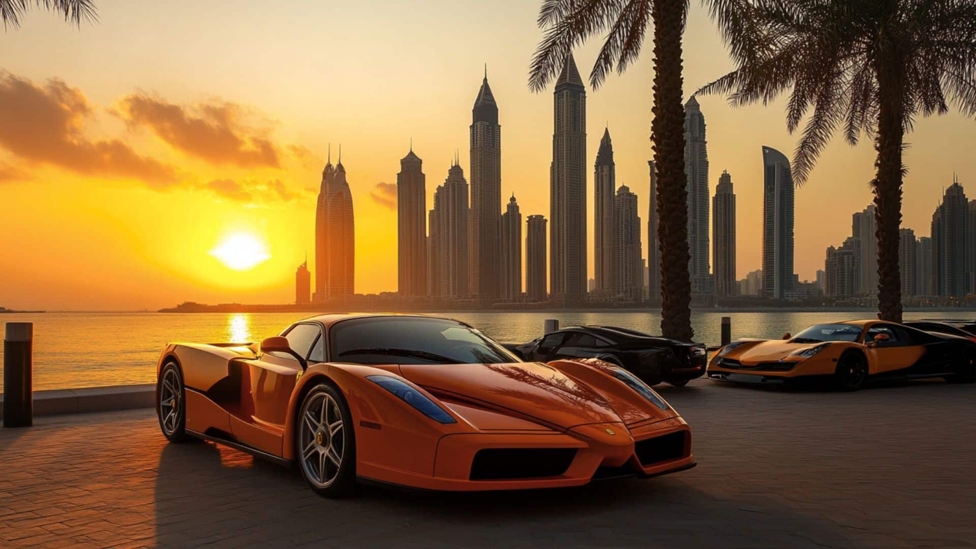 Orange Ferrari supercar at Dubai Marina waterfront with skyline and sunset view