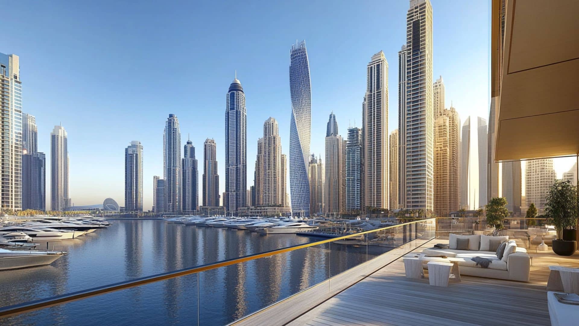 Luxury waterfront apartment with panoramic Dubai Marina skyline and yachts