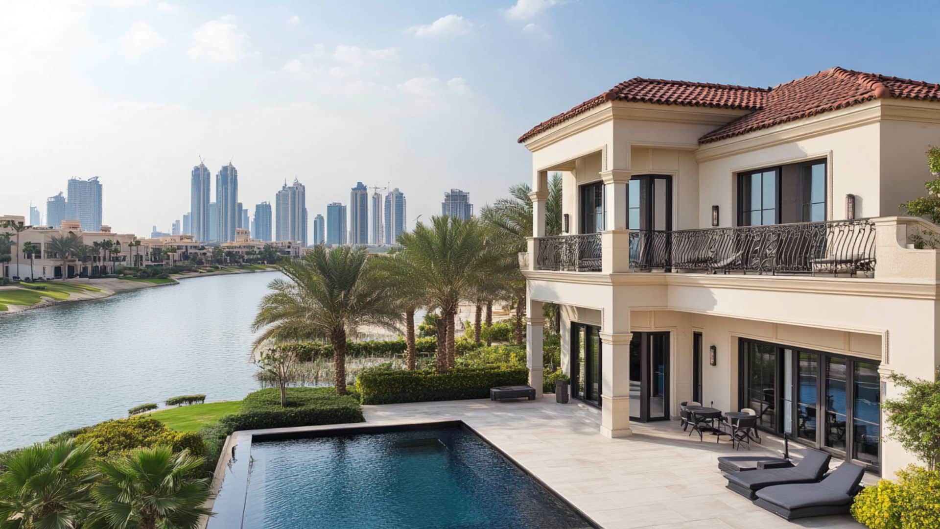 Luxury Dubai villa with private pool, palm trees, and canal views overlooking modern city skyline