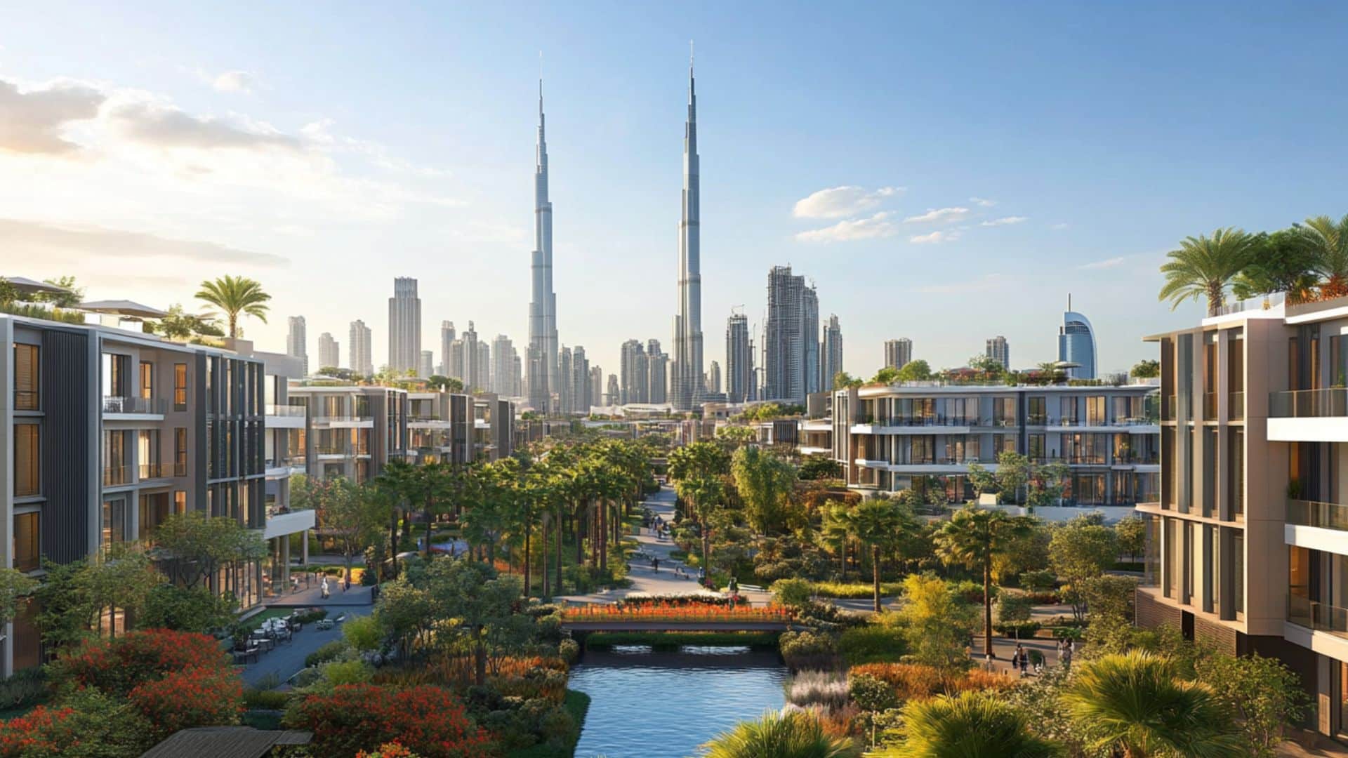 Modern residential community with greenery and Burj Khalifa view
