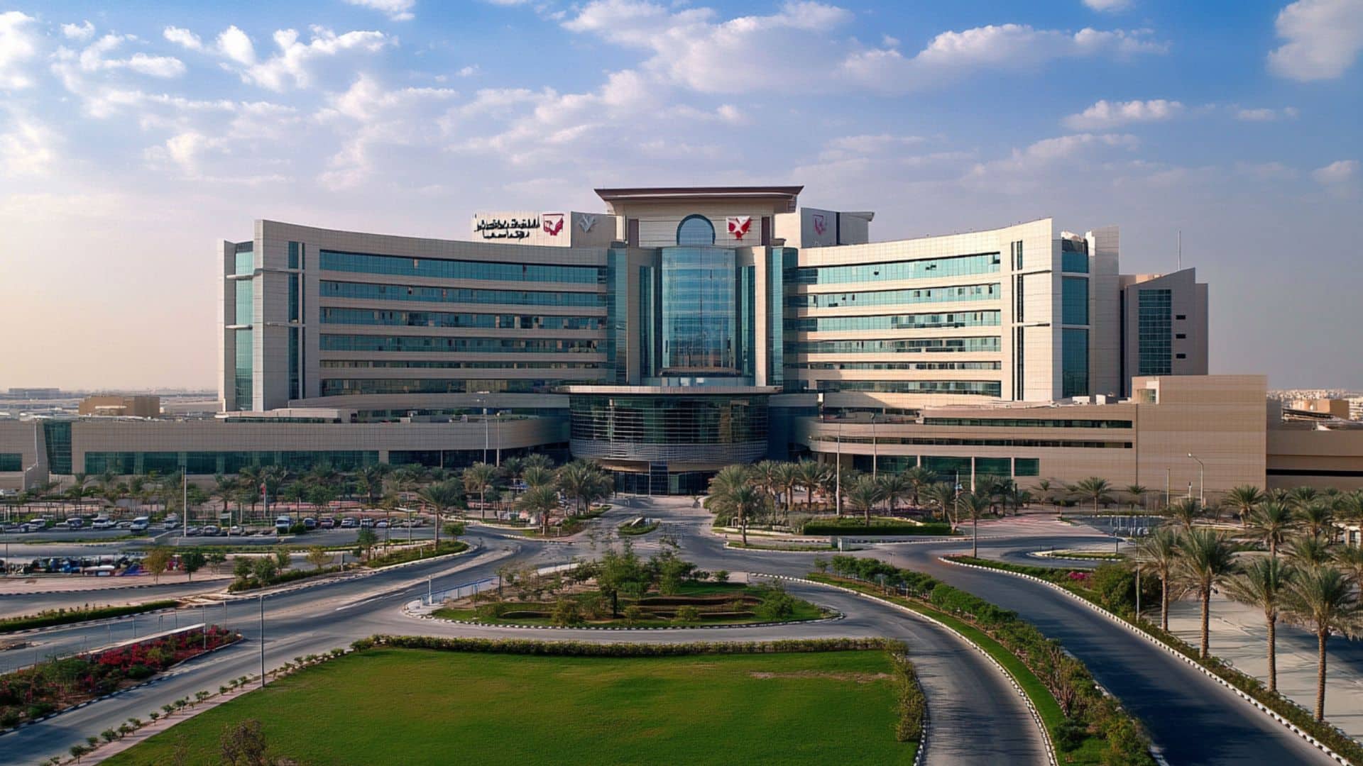 Contemporary hospital complex with curved glass architecture in Dubai