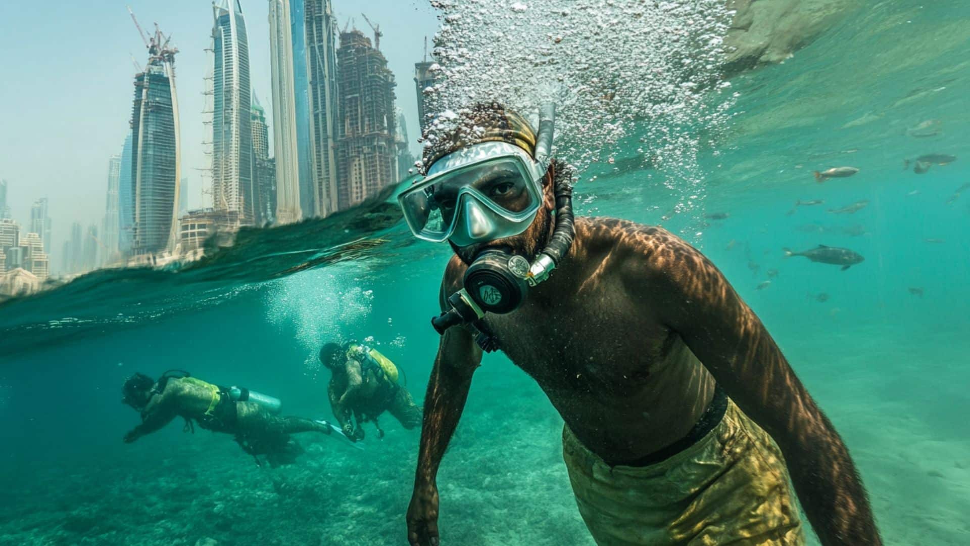 Pearl divers underwater near modern Dubai skyline