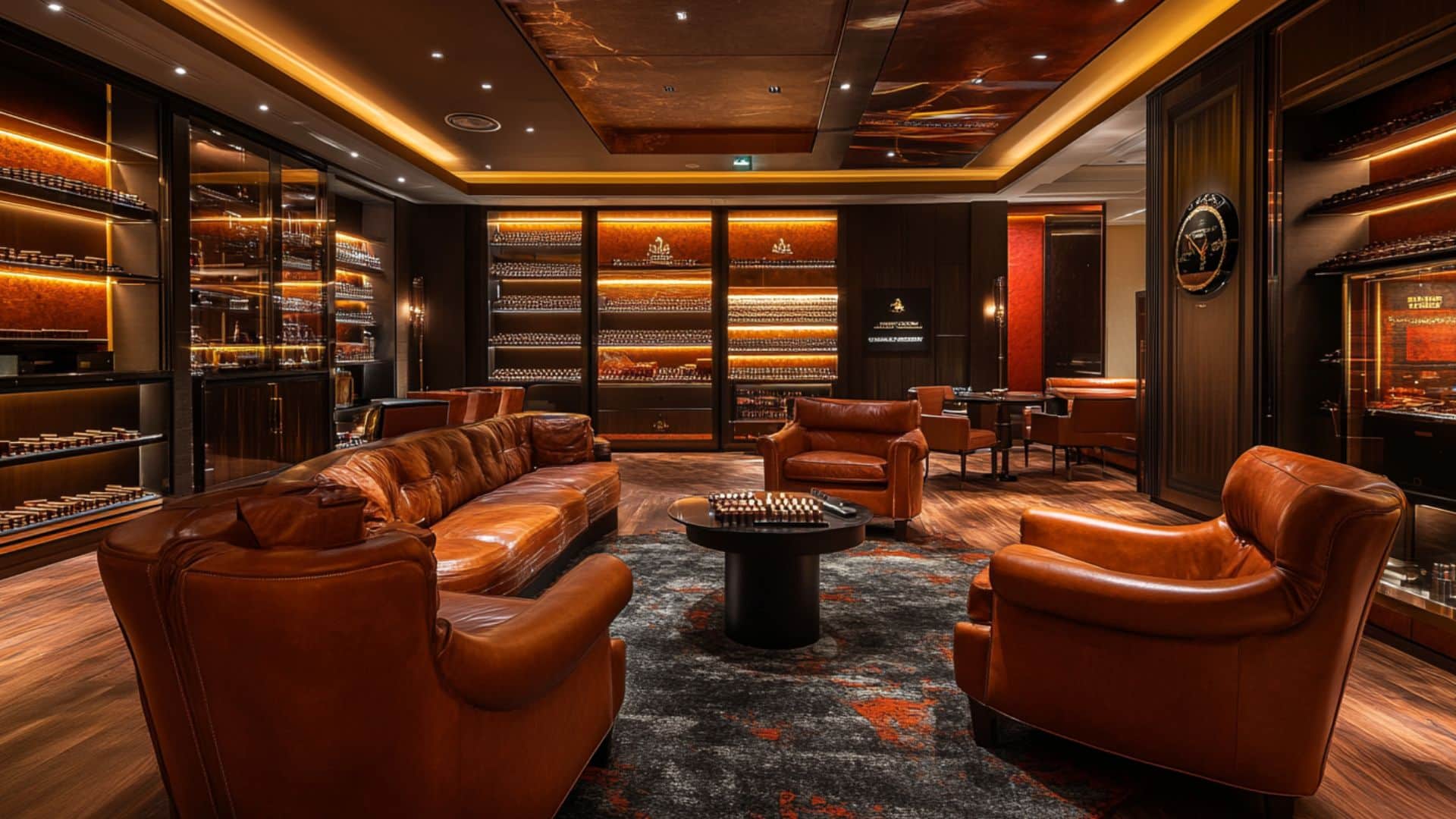 Luxury cigar lounge in Dubai with brown leather sofas and warm lighting