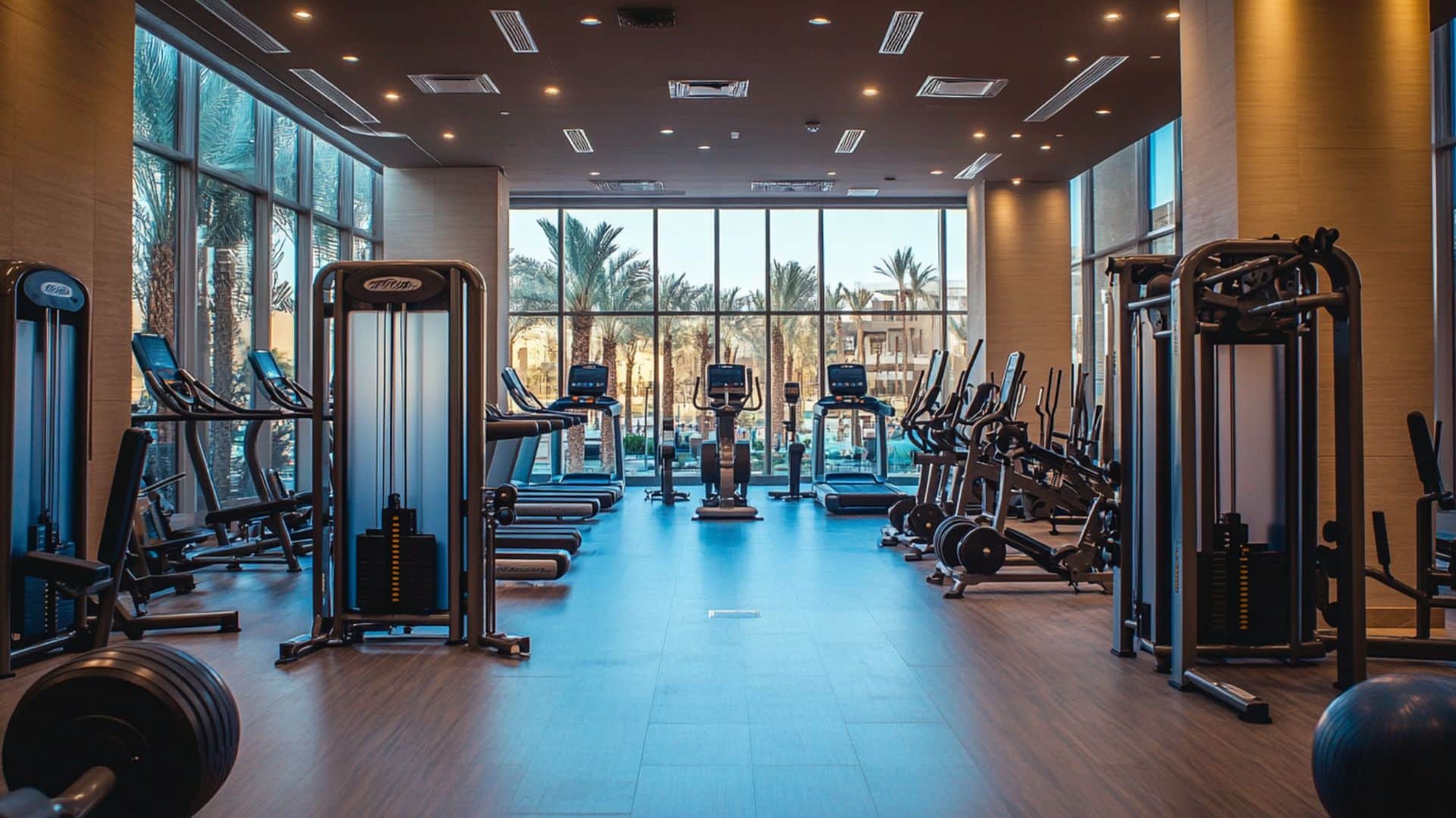 Modern Dubai gym with treadmills and strength equipment by large windows