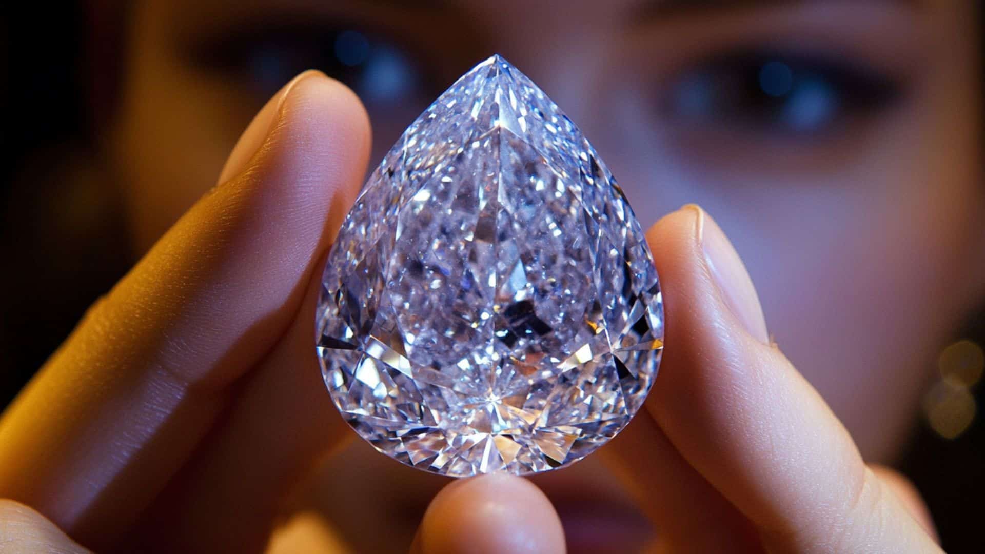 Person holding a pear-shaped clear diamond close to the camera