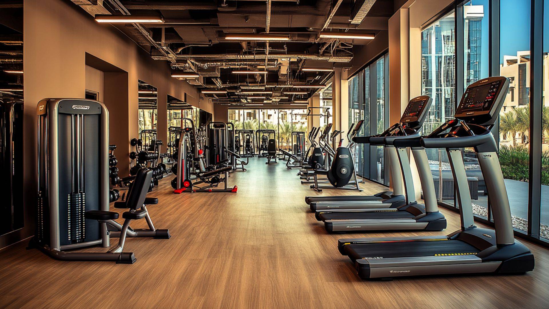 Luxury fitness center in Dubai with cardio and weight machines inside