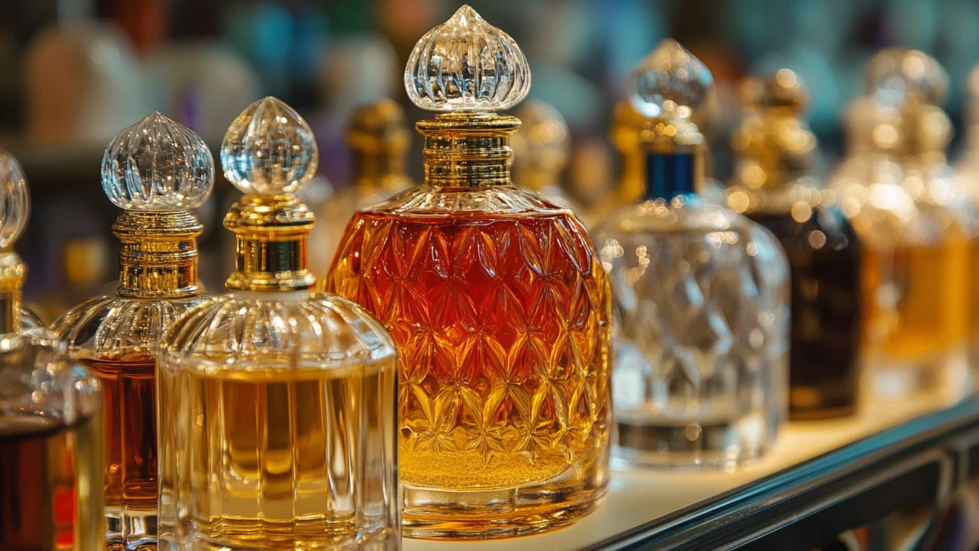 Close-up of ornate crystal perfume bottles filled with golden liquid