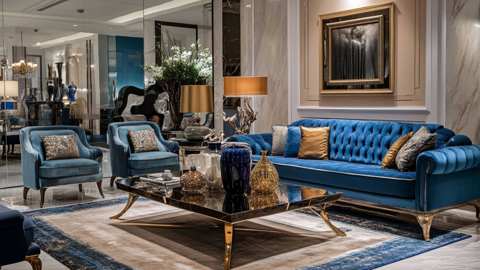 Luxury blue velvet sofa set in elegant Dubai furniture showroom