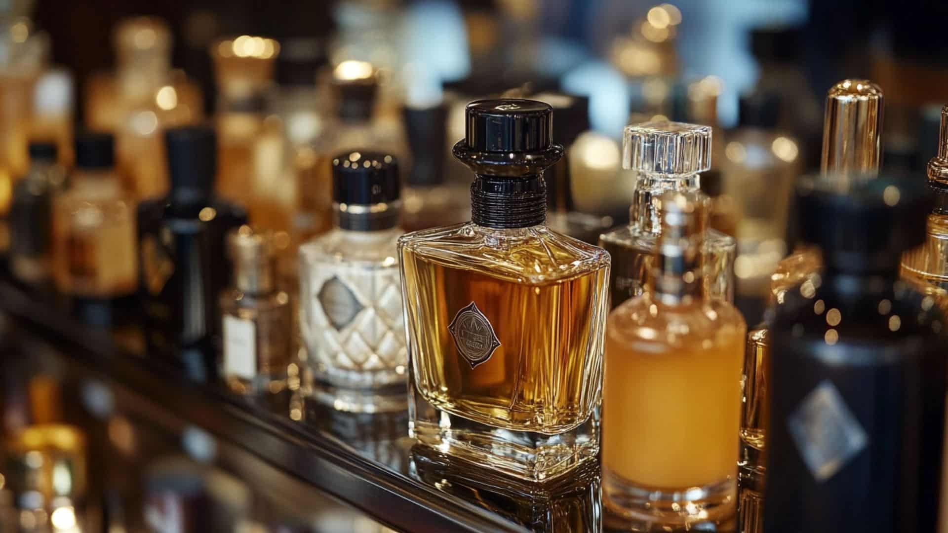 Collection of luxury perfume bottles with elegant amber tones
