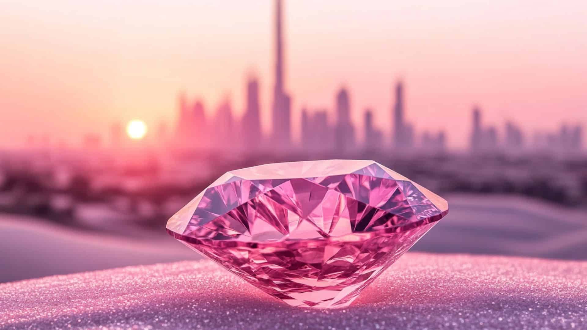 Pink diamond on sand with Dubai skyline at sunset background