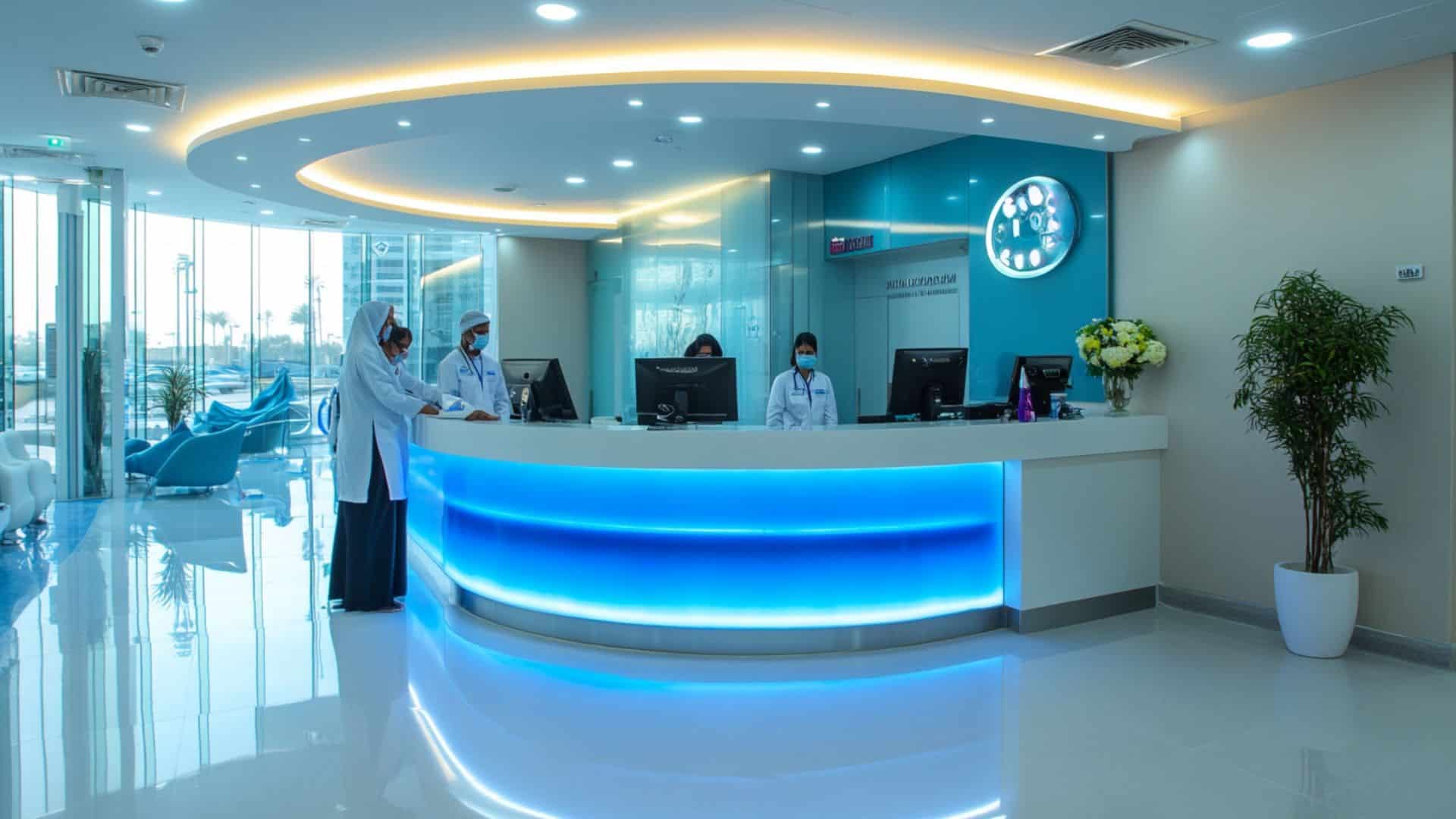 Hospital reception area with doctors and staff at front desk in Dubai