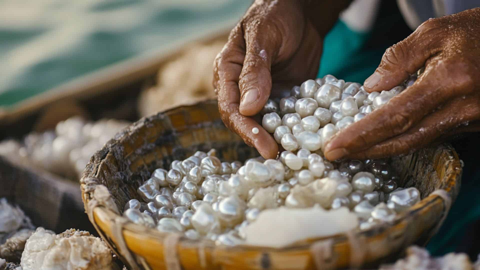 Hands sorting freshly harvested natural pearls in a traditional wooden basket