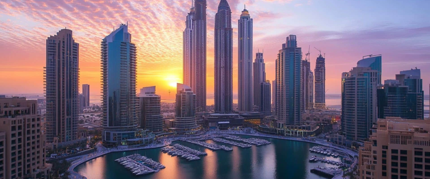Dubai Marina skyline illuminated by sunset hues, reflecting on the water, with boats gently bobbing in the foreground