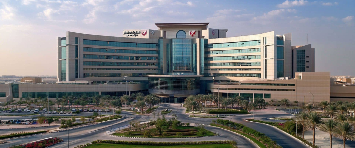 Contemporary hospital complex with curved glass architecture in Dubai