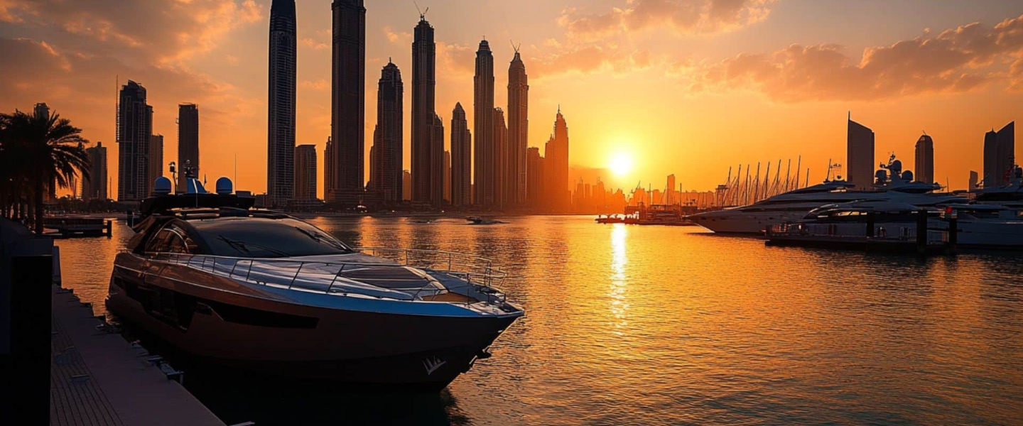Luxury yachts docked at Dubai Marina with modern skyscrapers and golden sunset reflecting on the water
