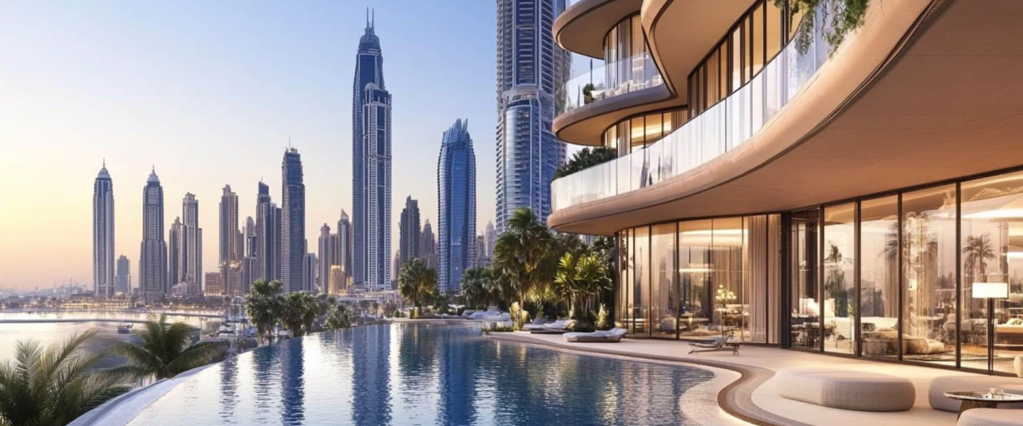 Elegant Dubai penthouse with infinity pool and curved architecture overlooking Marina skyline at sunset