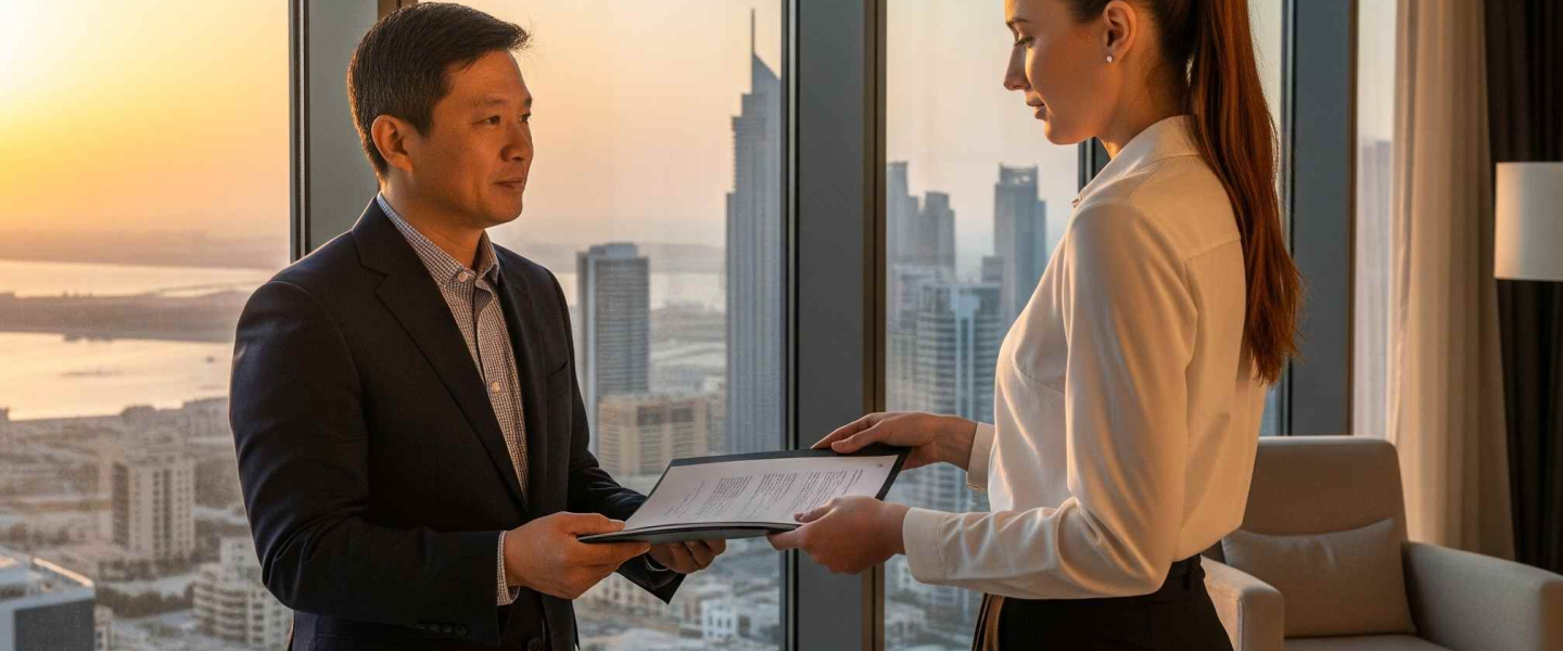 How to Buy Freehold Property in Dubai: Key Facts and Tips Luxury real estate professionals exchanging documents in a high-rise Dubai office overlooking the sunset and upscale city skyline
