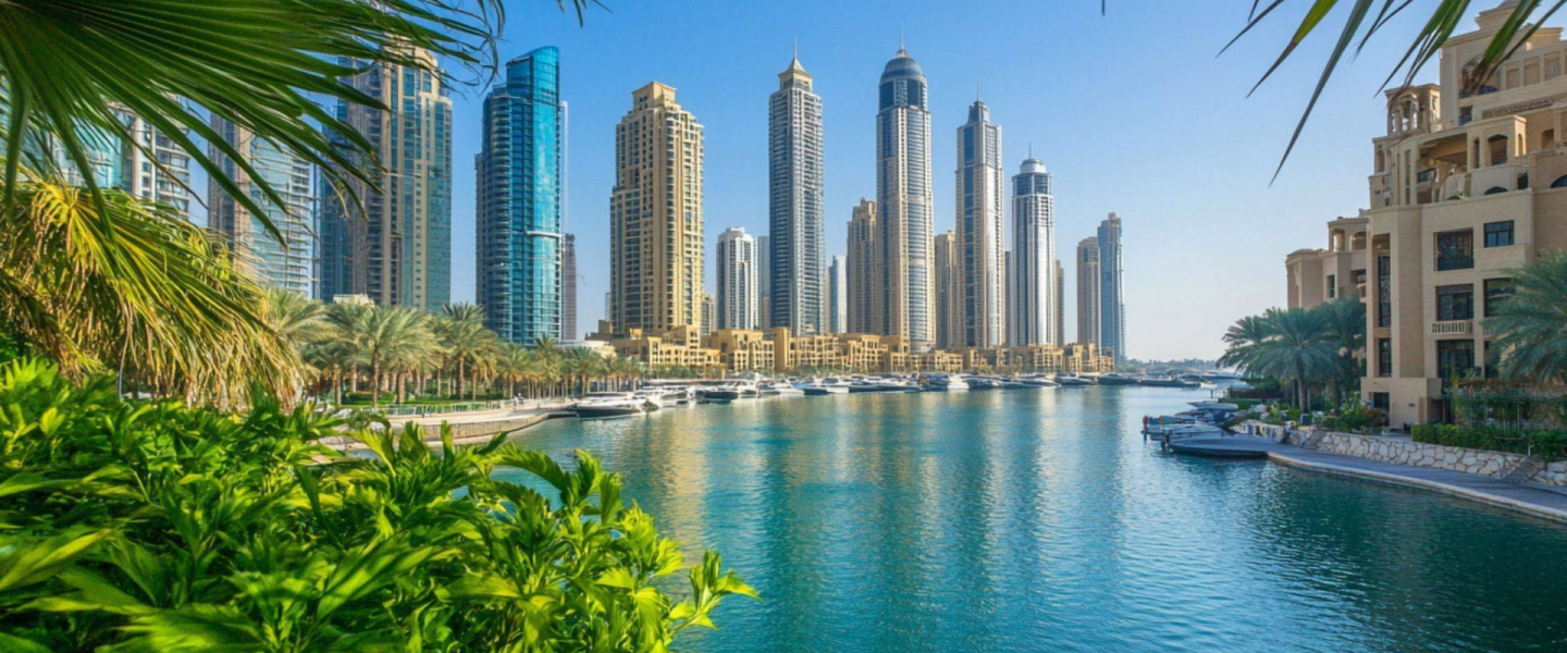 Dubai Marina skyline featuring modern skyscrapers and luxury yachts in the water, showcasing the vibrant cityscape of Dubai