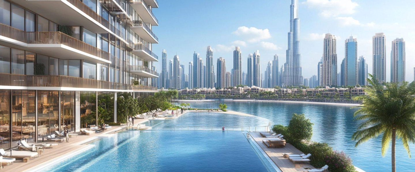 Luxury waterfront apartments in Dubai with infinity pool, skyline views, and Burj Khalifa in the background