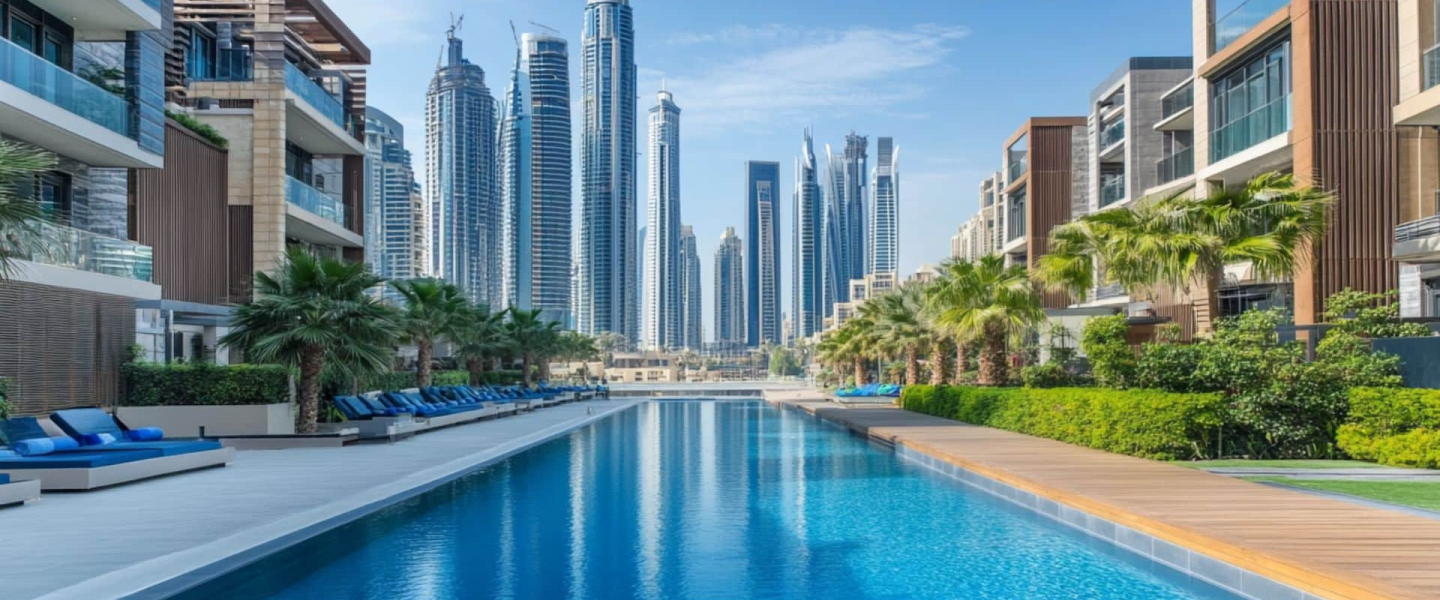 Luxury Family-Oriented Areas in Dubai Luxury residential complex in Dubai Marina featuring a long swimming pool, palm trees, sun loungers, and panoramic views of skyscrapers