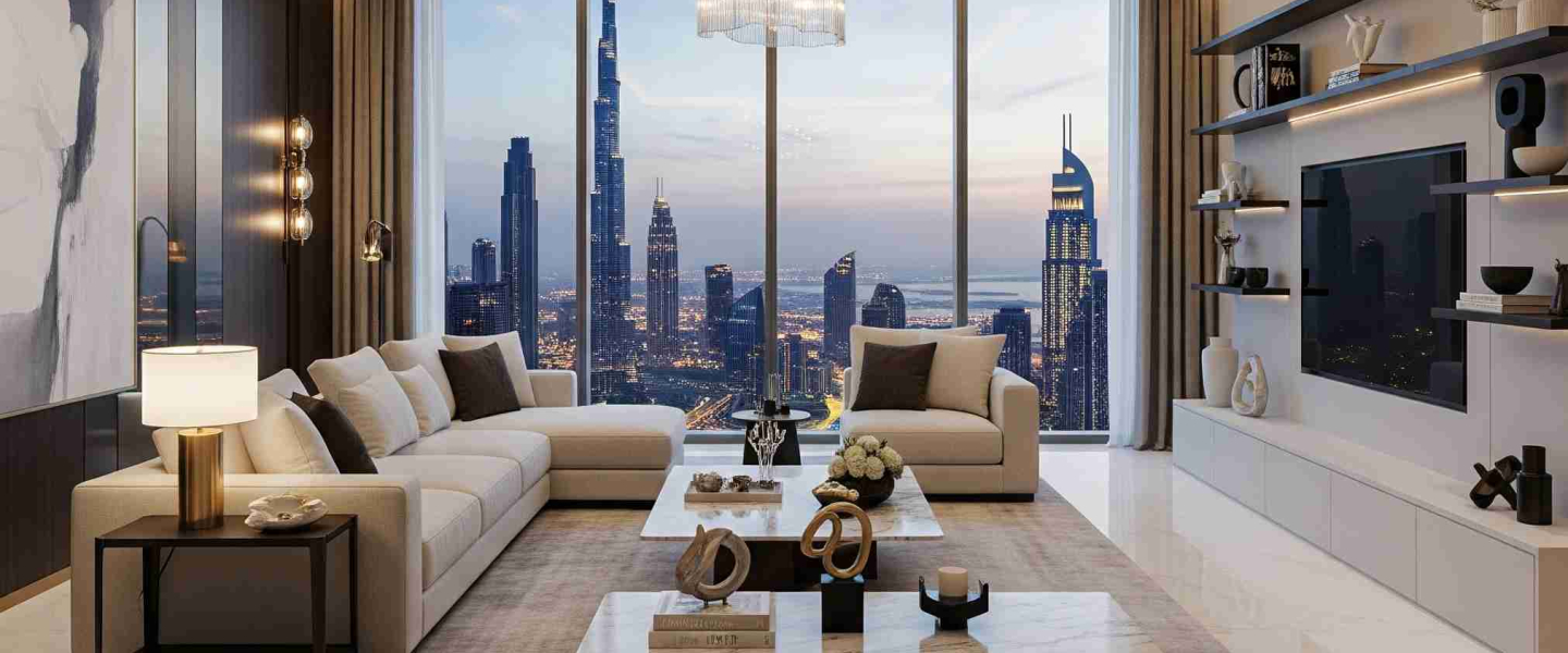 Luxury penthouse living room in Dubai with Burj Khalifa skyline view through floor-to-ceiling windows at sunset