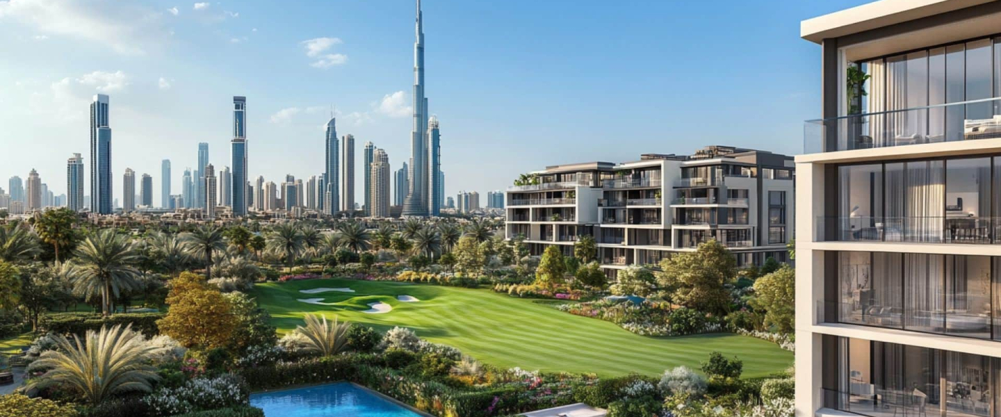 Exclusive Dubai residences with golf course, swimming pool, and panoramic views of Burj Khalifa and modern city skyline