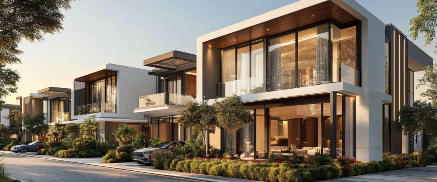 Modern luxury townhouse in Dubai with panoramic skyline views from floor-to-ceiling windows and elegant interior design