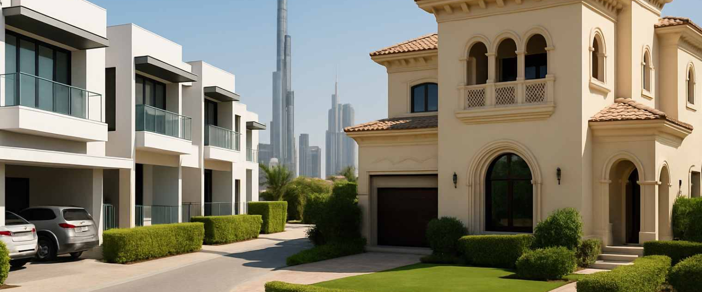 Luxury villa and modern townhouses in Dubai with Burj Khalifa skyline in the background