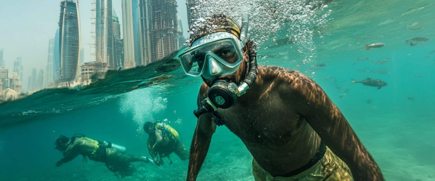 Pearl Diving in UAE – Exploring a Lost Heritage Pearl divers underwater near modern Dubai skyline
