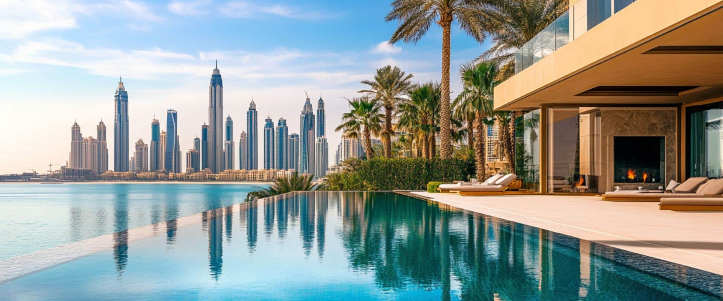 Luxury villa in Dubai featuring a pool surrounded by palm trees, showcasing an opulent outdoor living space