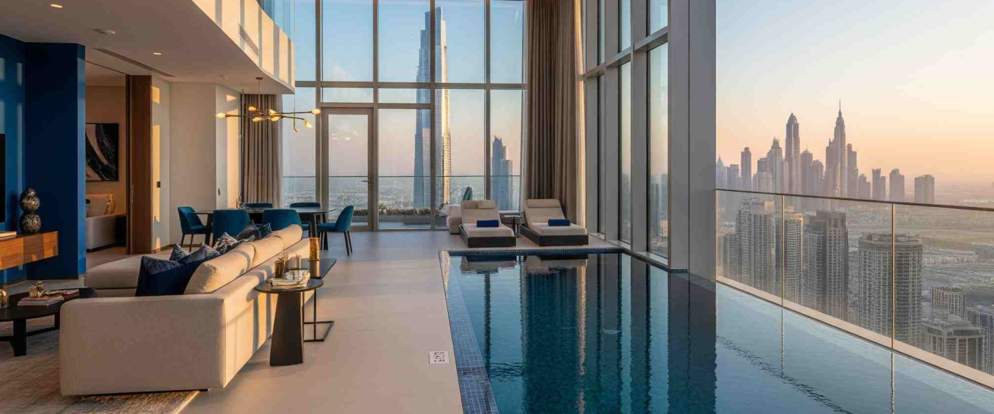 The Most Expensive Penthouse in Dubai: Ultimate Luxury Living Luxury penthouse in Dubai with indoor pool, elegant modern interior, and panoramic skyline view featuring Burj Khalifa at sunset