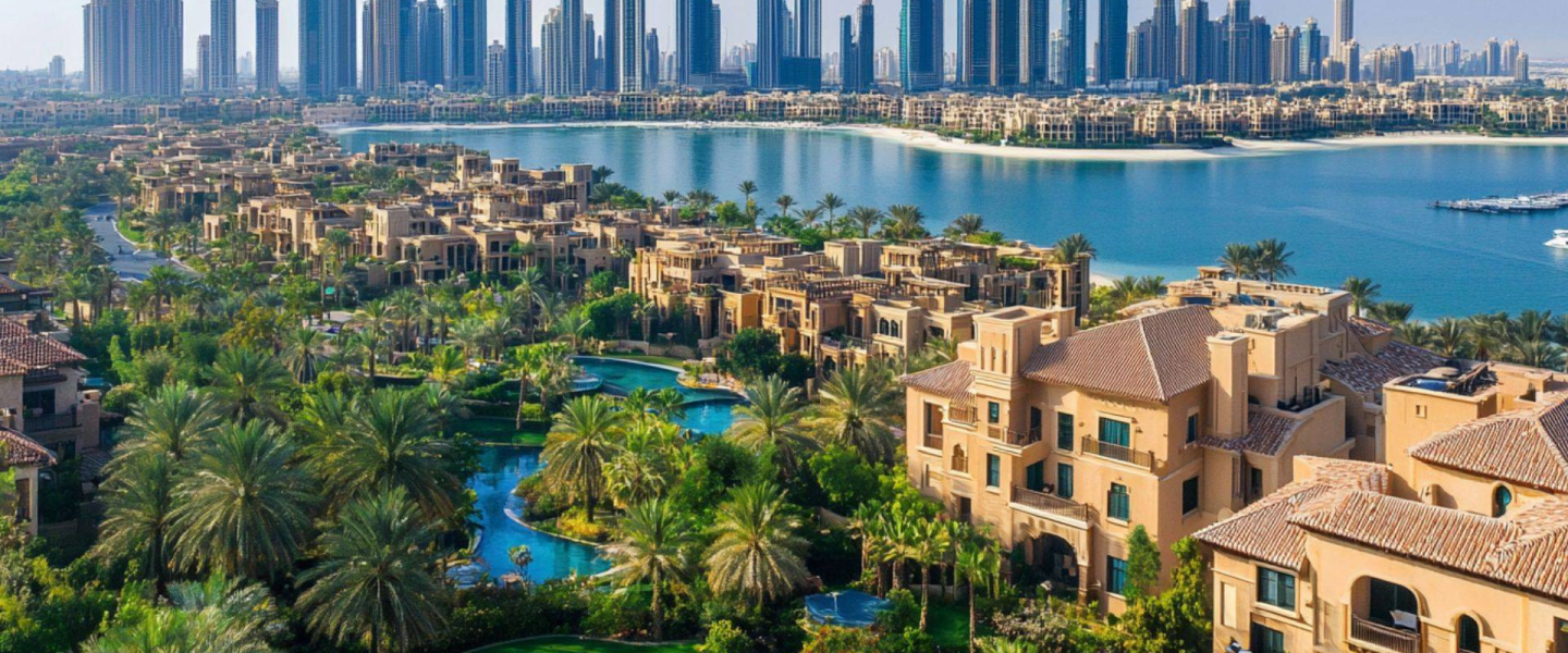 The World’s Wealthiest People Are Buying Property in Dubai Luxury villas with lush greenery and lagoon pools on Palm Jumeirah overlooking Dubai Marina skyline