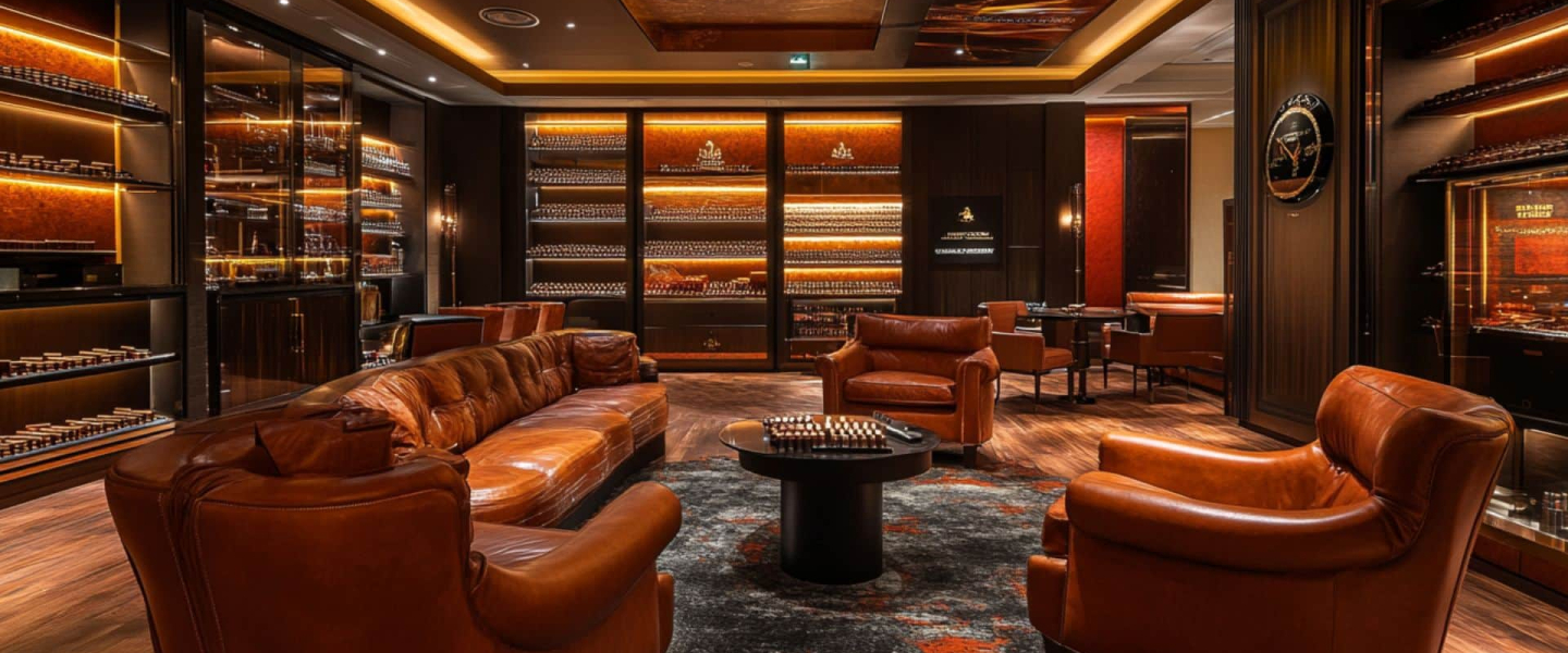 Top 10 Cigar Lounges in Dubai You Must Visit Luxury cigar lounge in Dubai with brown leather sofas and warm lighting