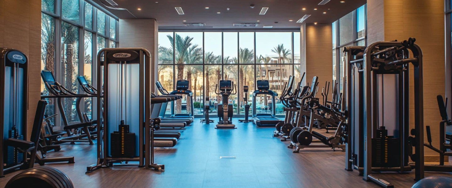 Top 10 Gyms in Dubai – Facilities & Prices Modern Dubai gym with treadmills and strength equipment by large windows