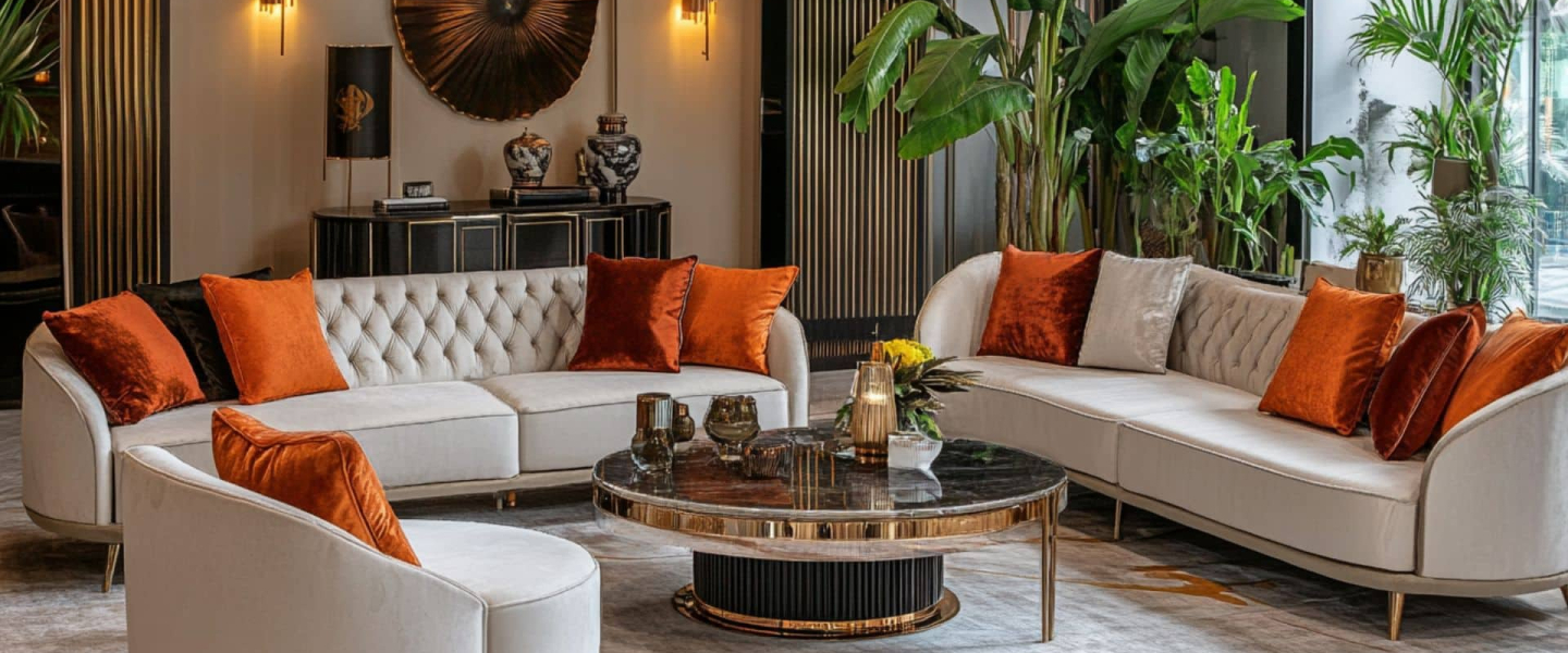 Top Furniture Stores in Dubai for Stylish Homes Modern living room furniture in Dubai with orange accent cushions