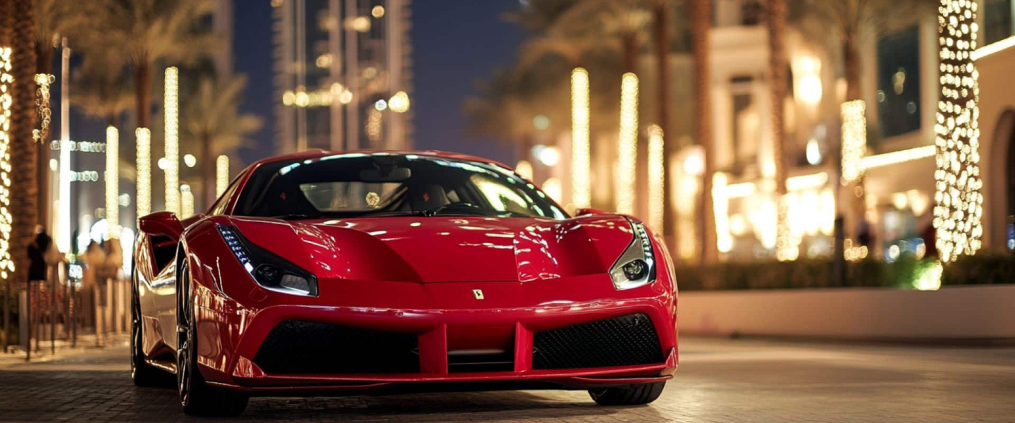 Top Luxury Cars Used by Wealthy Individuals in Dubai Red Ferrari supercar parked on luxury street in Dubai with palm trees and lights at night