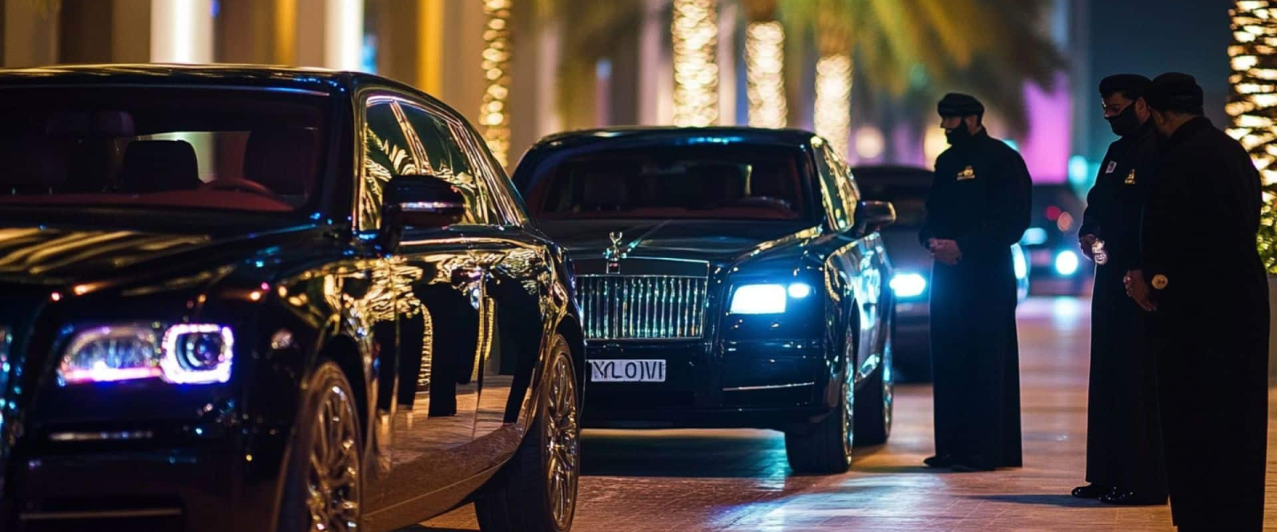 Rolls-Royce cars with chauffeurs in Dubai at night, luxury lifestyle with palm trees and illuminated streets