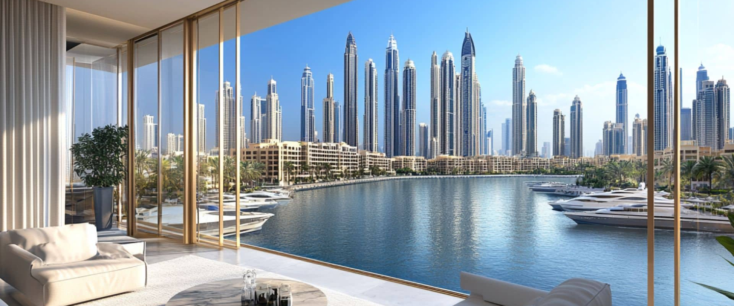 Why Choose Marina View Living in Dubai Modern living room with floor-to-ceiling windows overlooking Dubai Marina skyline and yachts