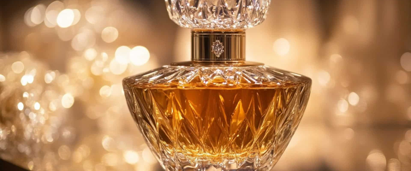 Elegant men’s perfume bottle with warm amber hue